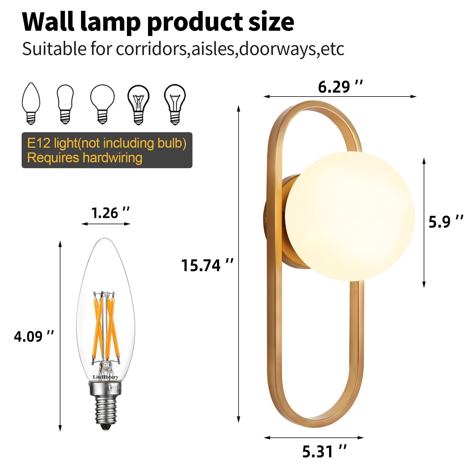 Gold Wall Lamp Sconces Set of 2 with White Globe Glass Shade - Living Room & ...