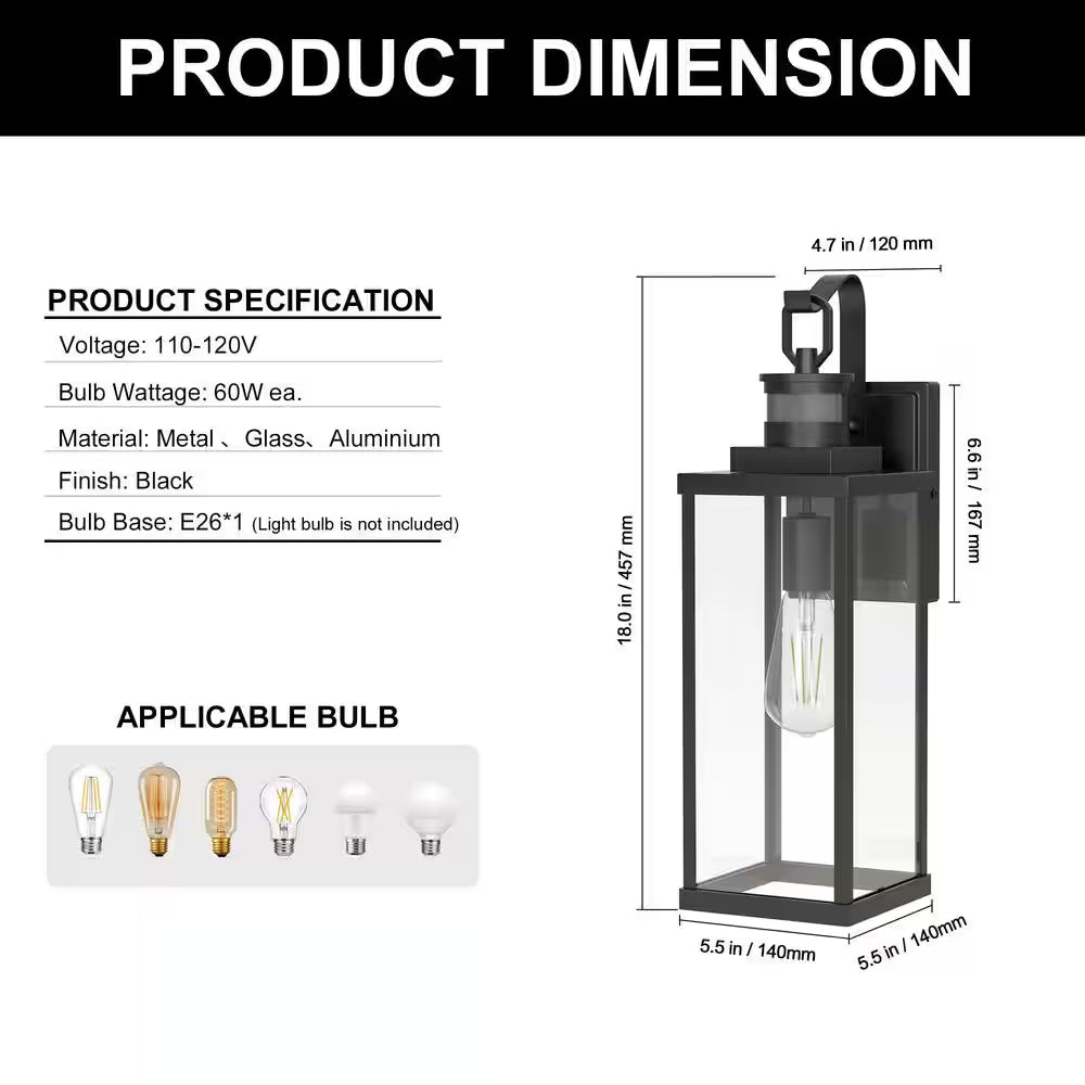 18 In. Matte Black Motion Sensor Outdoor Wall Lantern Sconce, Large Waterproof Wall Light for Porch Garage, 2-Pack