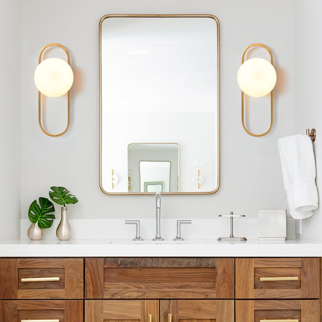 Gold Wall Lamp Sconces Set of 2 with White Globe Glass Shade - Living Room & ...