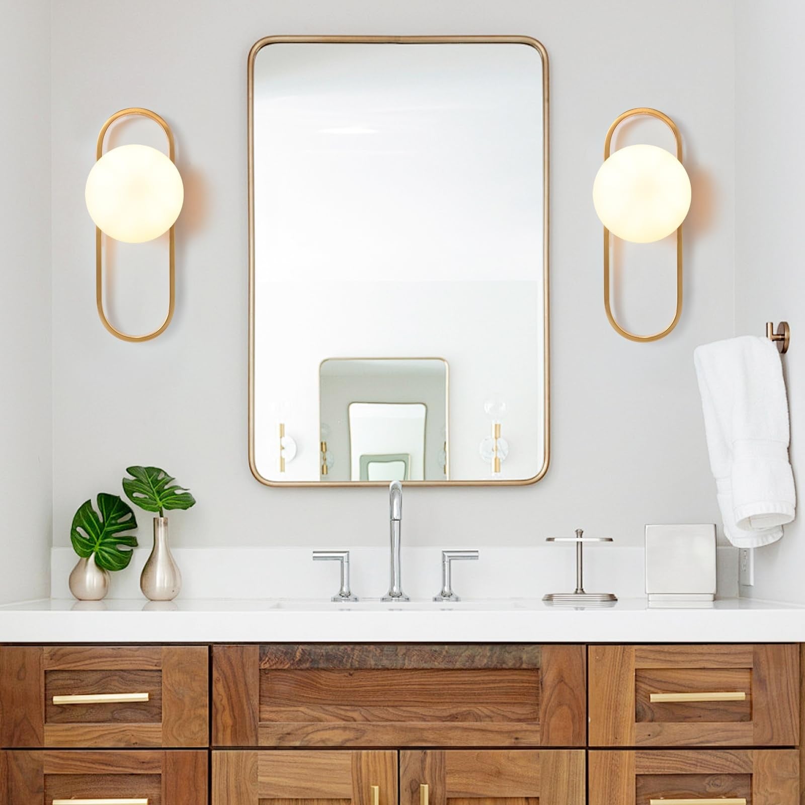 Gold Wall Lamp Sconces Set of 2 with White Globe Glass Shade - Living Room & ...