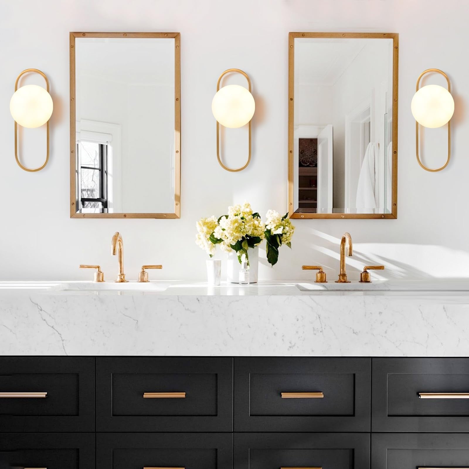 Gold Wall Lamp Sconces Set of 2 with White Globe Glass Shade - Living Room & ...