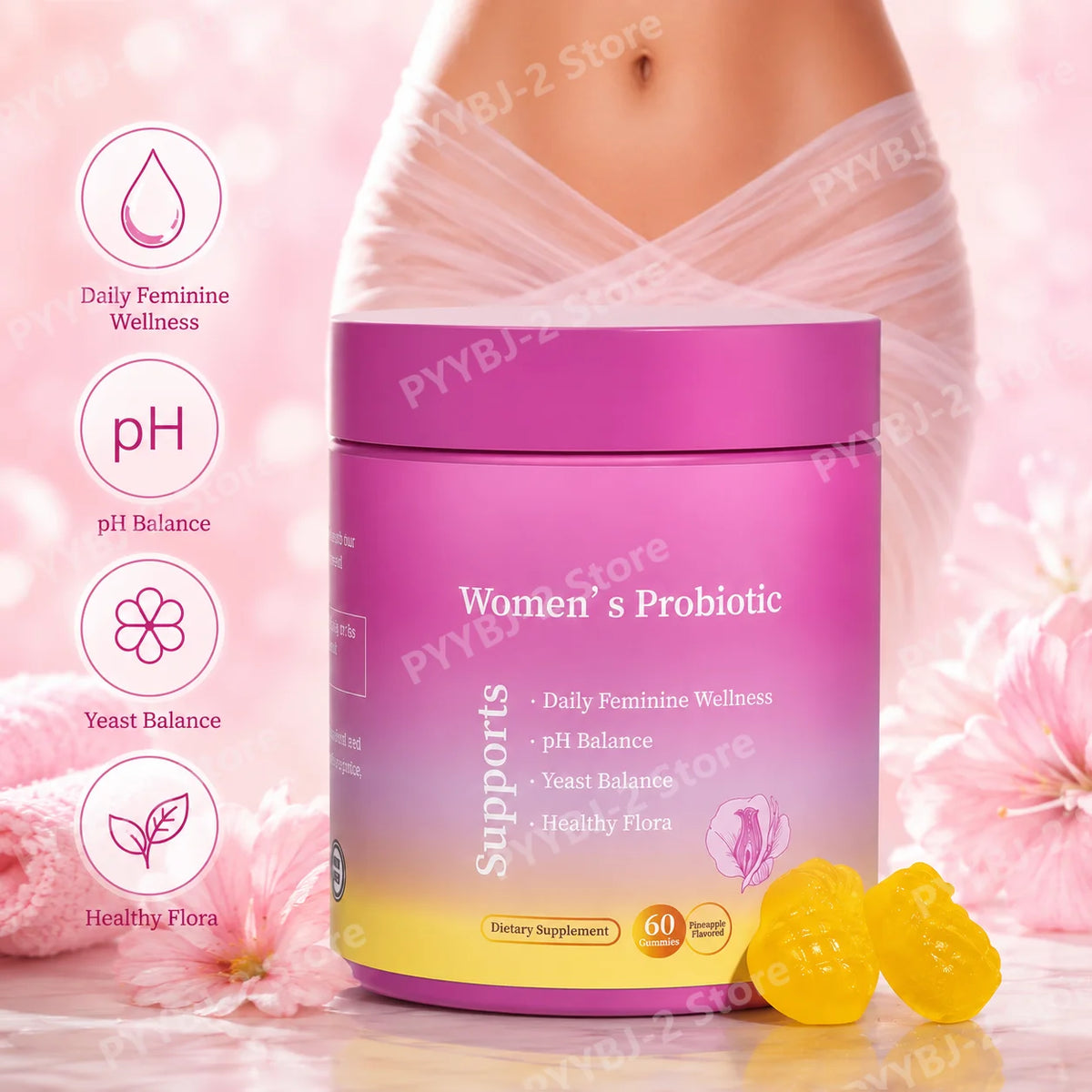Probiotic Gummies Pineapple Flavor with Prebiotics for Daily Gut Health Support Maintain PH Balance 60Pcs per Bottle