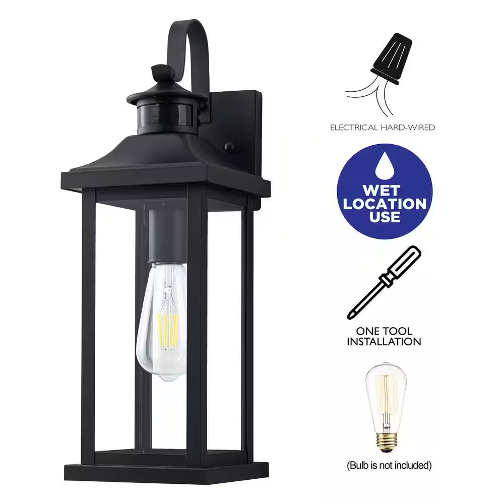 8 In. Matte Black Motion Sensing Dusk to Dawn Outdoor Hardwired Wall Lantern Sconce with No Bulbs Included
