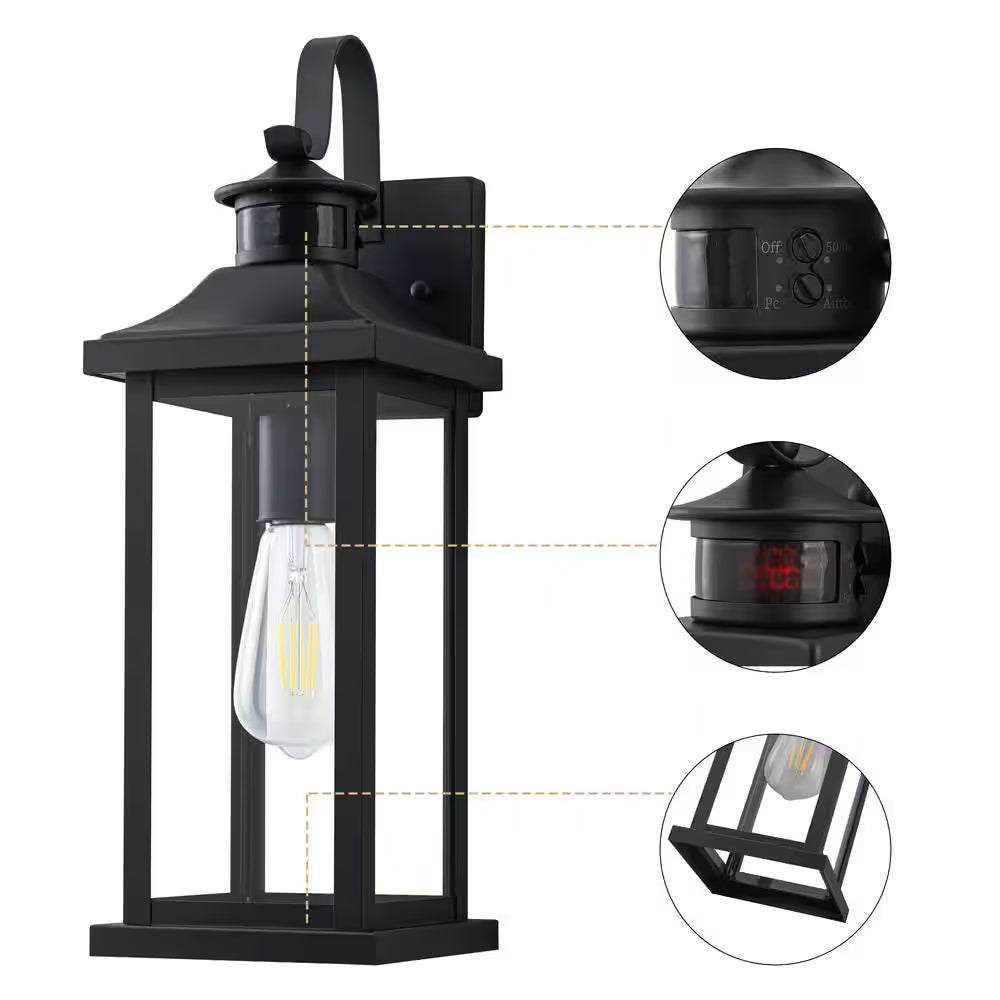 8 In. Matte Black Motion Sensing Dusk to Dawn Outdoor Hardwired Wall Lantern Sconce with No Bulbs Included