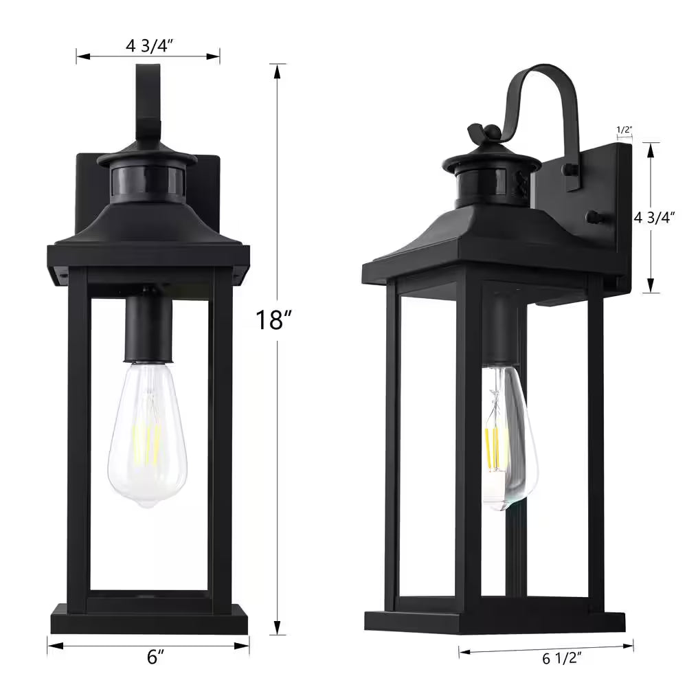 8 In. Matte Black Motion Sensing Dusk to Dawn Outdoor Hardwired Wall Lantern Sconce with No Bulbs Included