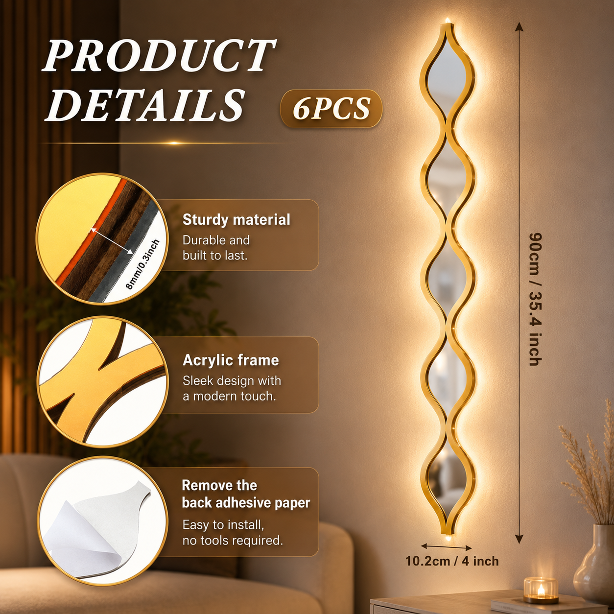 6 Pcs Acrylic Teardrop Mirror Decor Narrow Wall Decor Boho Vintage Wall Art for Apartment Home Living Room Bathroom Bedroom Hall