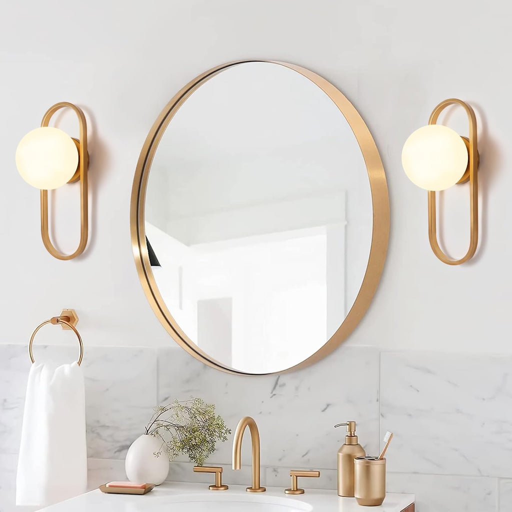 Gold Wall Lamp Sconces Set of 2 with White Globe Glass Shade - Living Room & ...